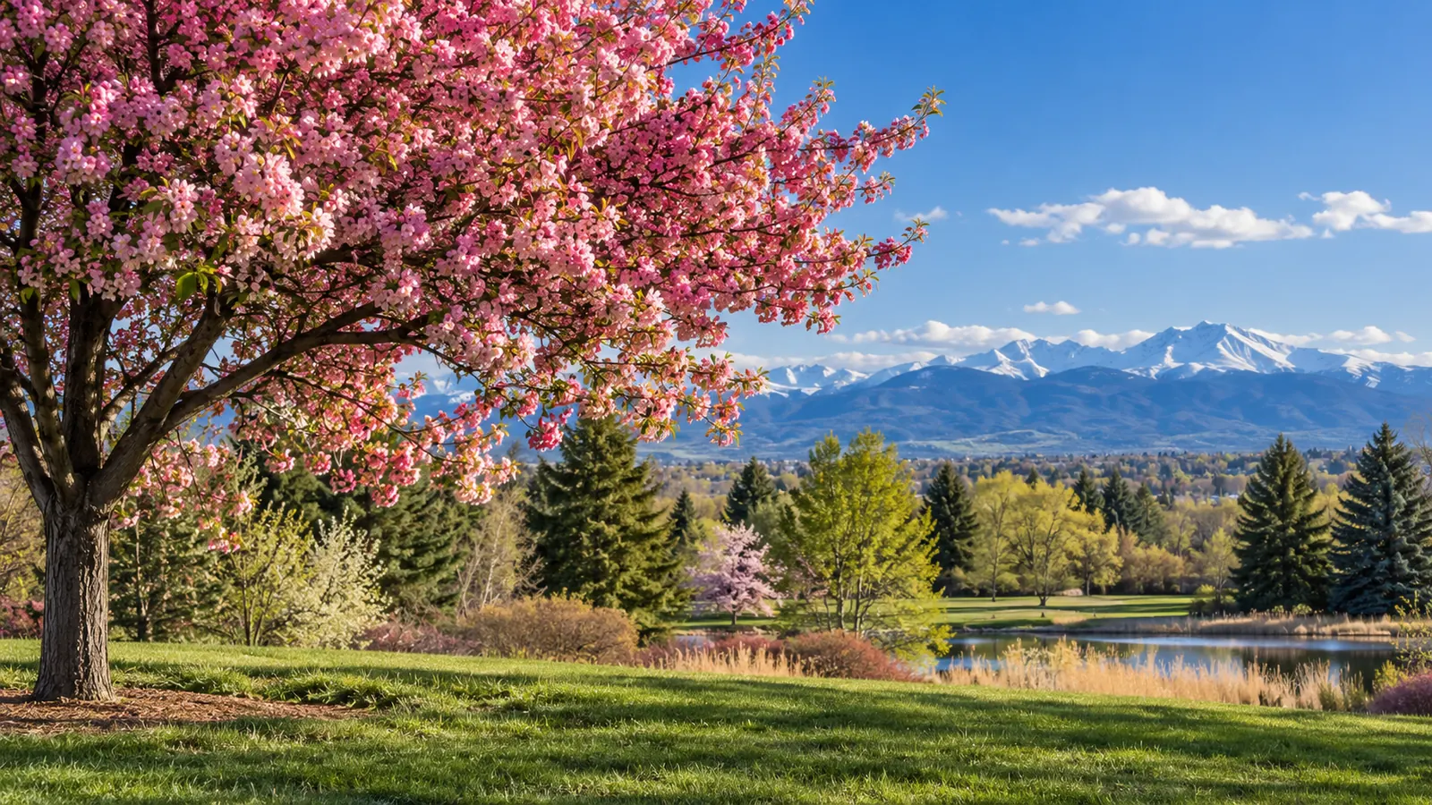 A flowering crabapple tree in pink bloom in a city park with a lawn just turning green and mountains faint in the distance