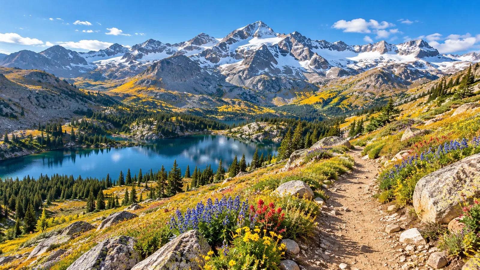 A high alpine trail through wildflower meadows above the tree line, a small blue lake below rocky peaks