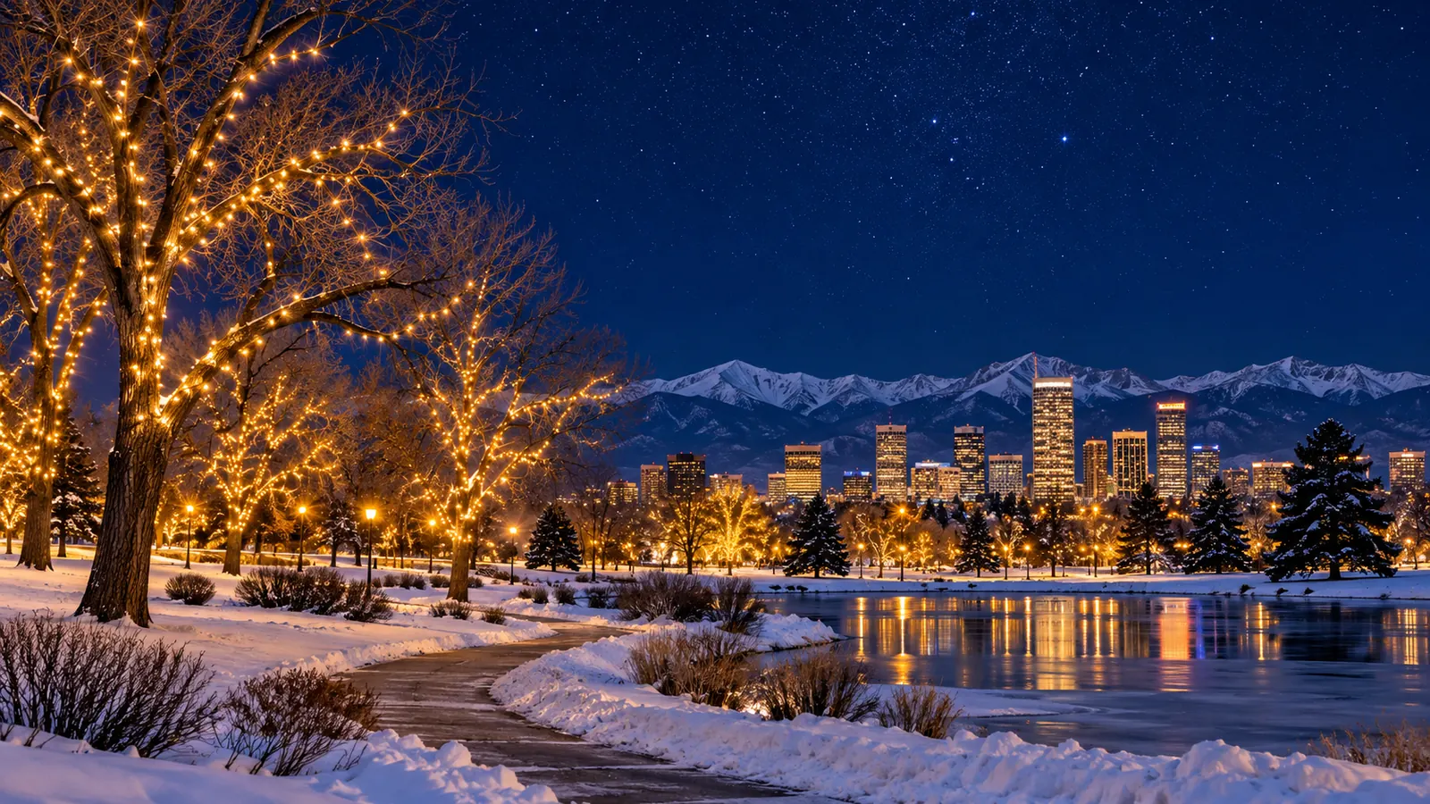 A city park at night with bare trees strung with warm white lights, snow on the ground and a clear starry sky
