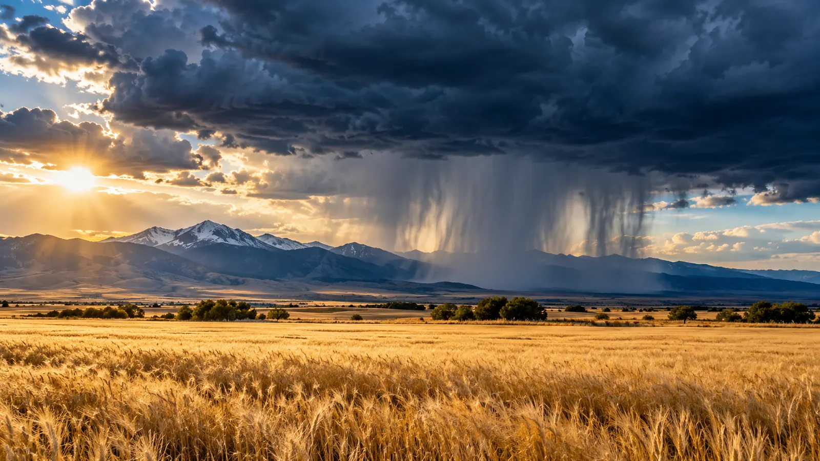 A dark afternoon thunderstorm building over the plains, a bright sunlit wheat-colored field in front, rain shafts in the distance