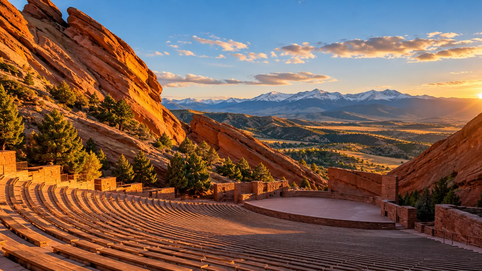 A red sandstone amphitheater set between giant tilted rock slabs, completely empty, evening sun on the rocks
