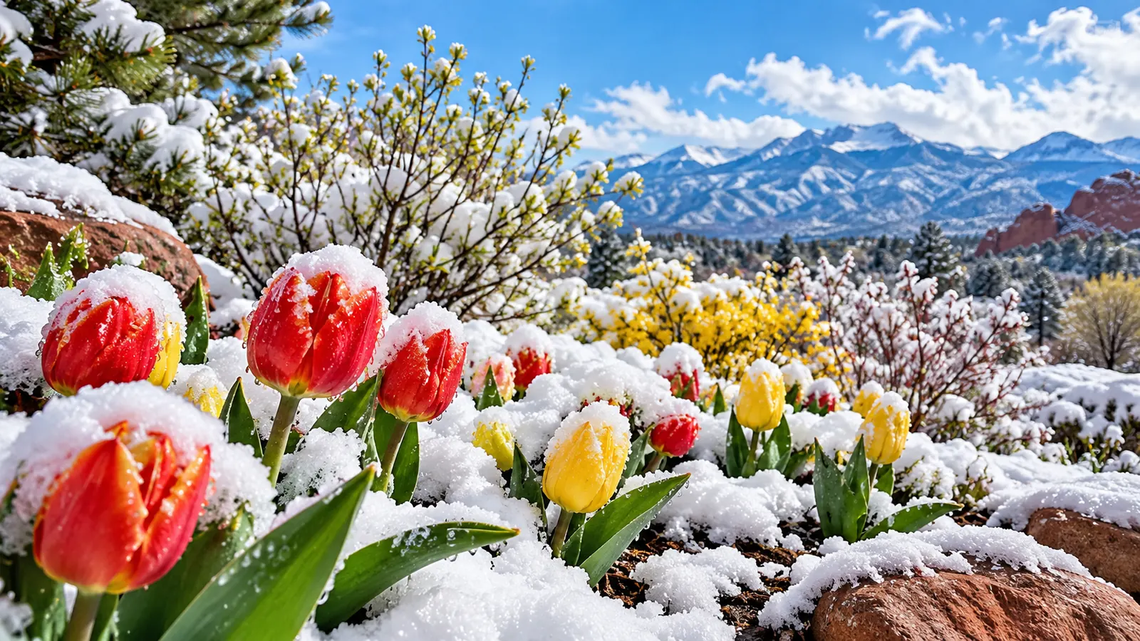 Heavy wet spring snow on early tulips and budding shrubs in a garden bed, sky breaking blue