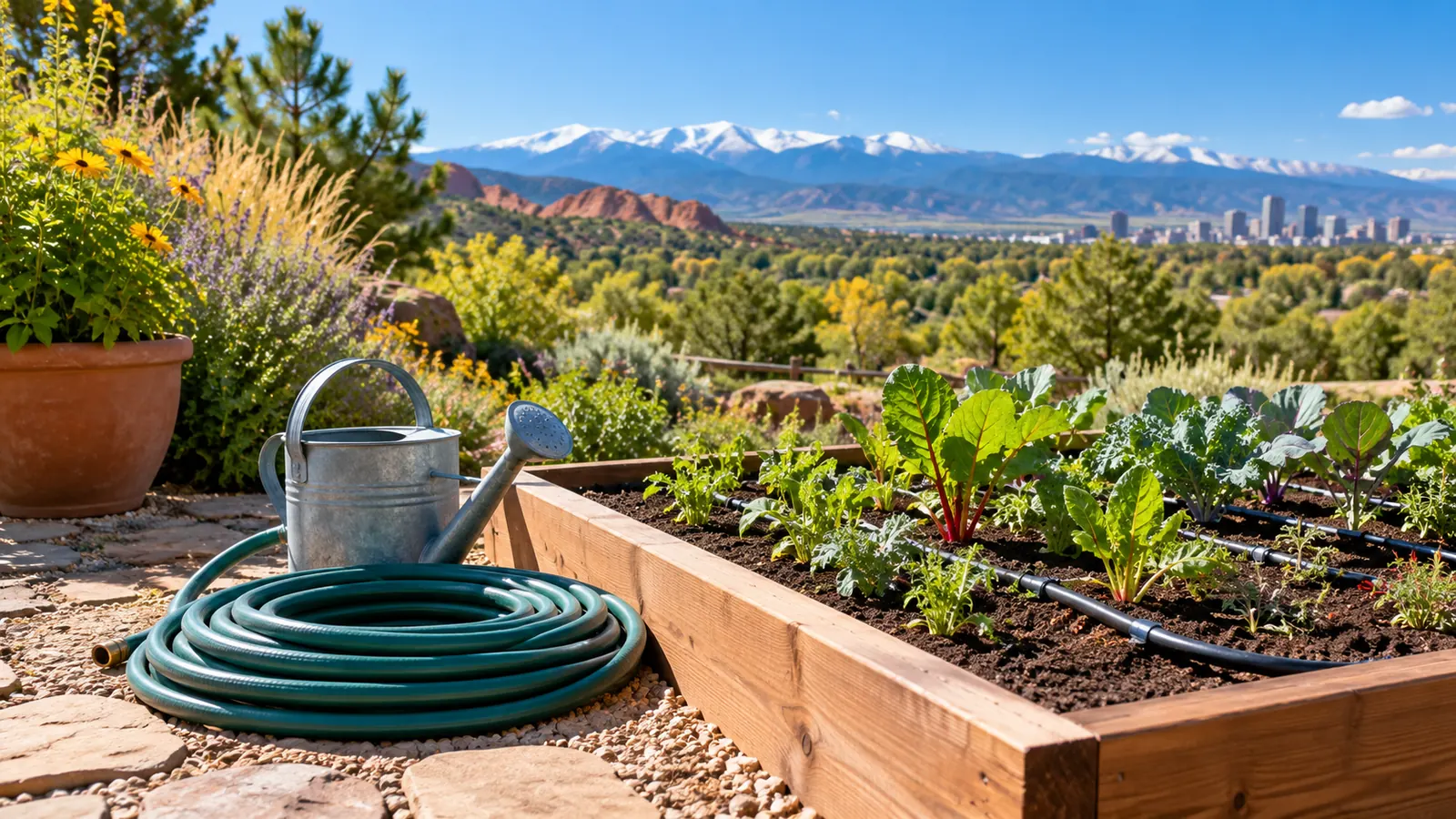 A coiled garden hose and an empty watering can beside a fresh vegetable bed with young plants and a drip line, sunny backyard