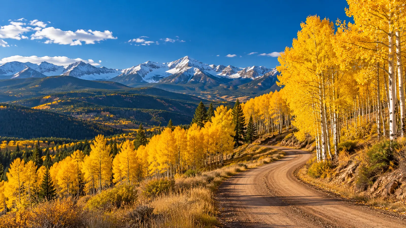 A hillside of golden aspen trees with white trunks against a deep blue sky, a dirt road winding through